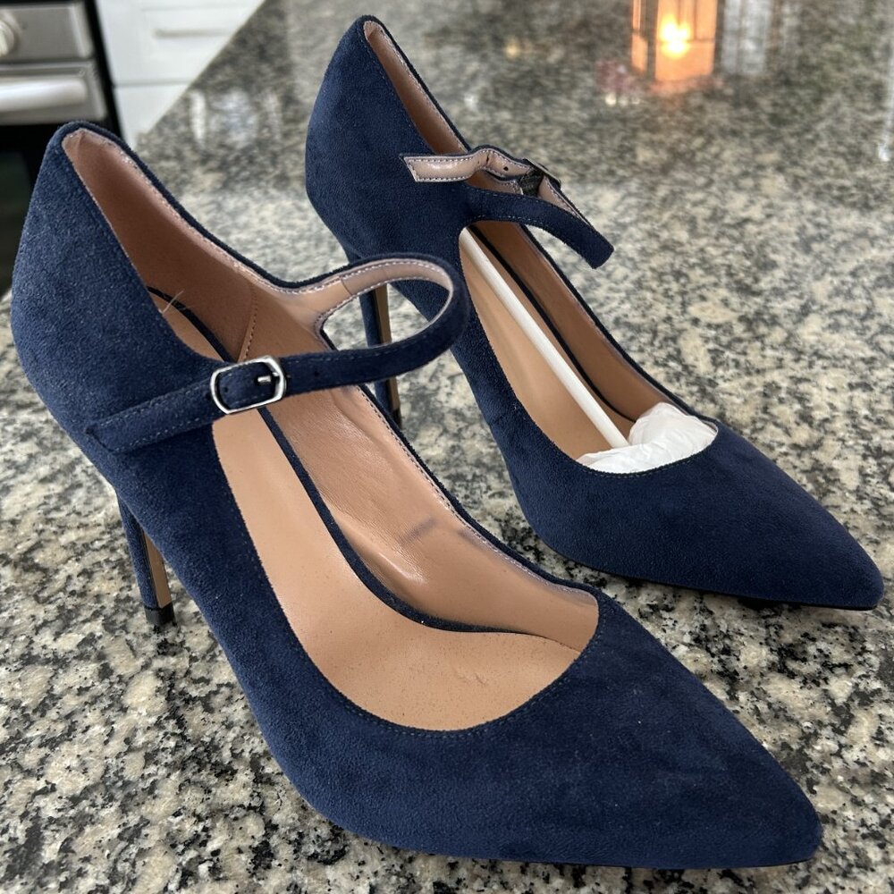BRAND NEW - SAMMITOP Women’s Blue Suede High Heel Pumps with Ankle Strap!